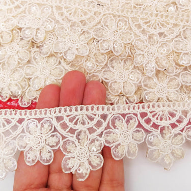 Nine Yards Off White Scallop Lace Trim Floral Embroidered, Cutwork Trim, Scallops Wedding Trim
